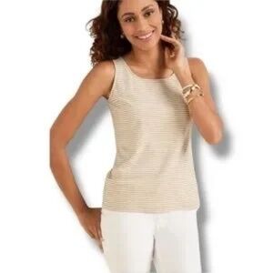 TALBOTS 180° TWO-WAY TANK Cotton Tank - BELLEVILLE STRIPE Tan/White - NWT